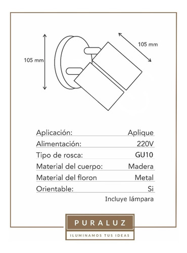 Imagen 2 de 9 de Aplique Pared Madera 2 Luces Direccional + Led Gu10 Puraluz
