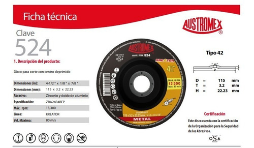 Imagen 2 de 3 de Disco De Cubo Kreator Para Corte De Metal De 4.5 Austromex