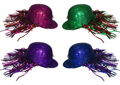 Sombreros Purpurina Bombin Con Flecos Plastico X10 Surtidos