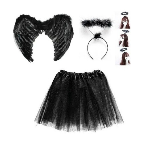 Kit Asa Pena + Tule Infantil +tiara Preta Fantasia Halloween