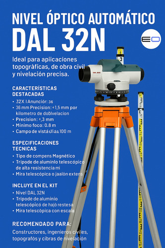 Mira Topografica 32x Eoland Herramienta Profesional Tripode + Nivel