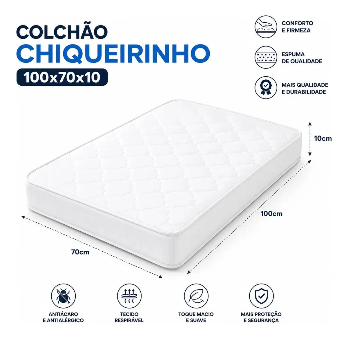 Colchão Berço Impermeável 100x70x10 cm Branco Retangular Infantil