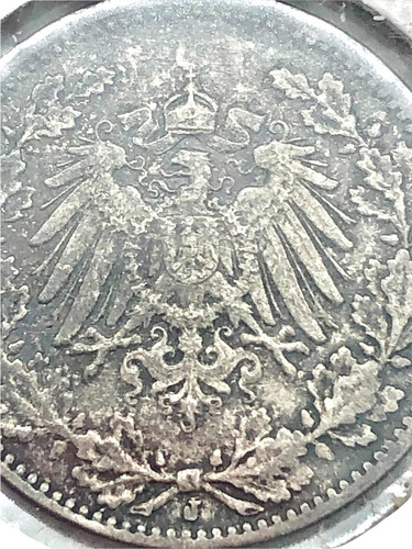 Moneda D Plata 1/2 Marco Imperio Alemán Año 1919-j Ley 0.900 (Usado)