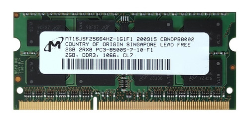 Memoria Ddr3 Micron 2gb 2rx8 Pc3-8500s Cl7 1066mhz P/ Laptop