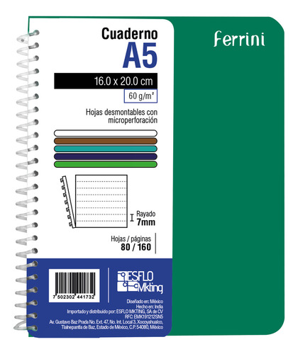 Cuaderno Poly Ferrini Espiral Europeo Libreta 80h Raya A5