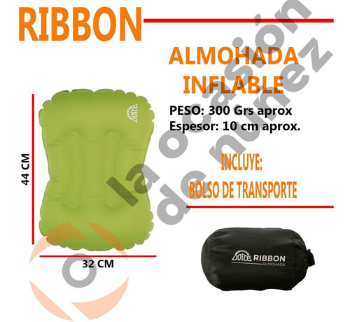 Imagen 2 de 7 de Almohada Inflable Doite Ribbon Liviana Compacta + Bolso