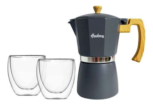 Set 3 Pz Cafetera Gris Hudson 9ta + 2 Tazas Vidrio 250ml Bz3