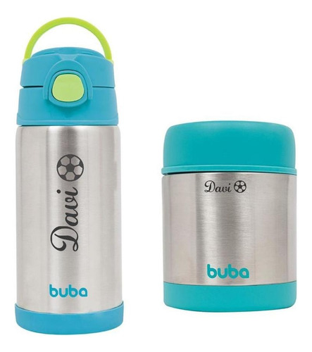 Kit Termico Personalizado Garrafinha + Pote Aço Inox Azul - Cor Azul-celeste Personalizado Com Nome
