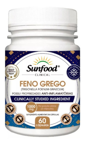 Suplemento em cápsula Sunfood  Clinical Feno Grego trigonella foenum graecum Feno Grego em pote de 30g 60 un