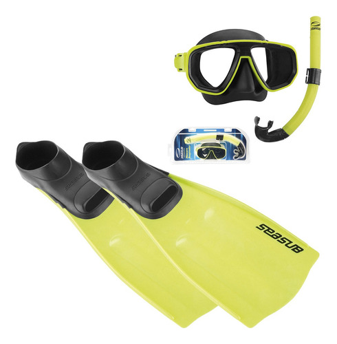 Kit Mergulho Completo Máscara Snorkel Nadadeira Pé De Pato Seasub - Vidros Temperados Intercambiáveis Cor Limão | 41/43