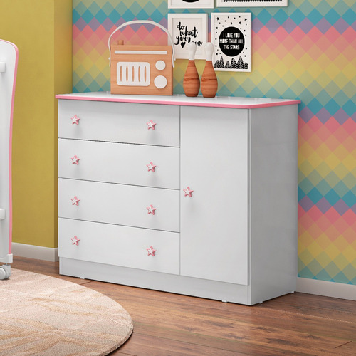 Jogo De Quarto Bebê Cômoda Com Guarda Roupa Branco Rosa