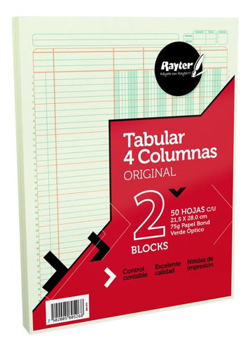 2 Blocks Tabular 4 Columnas Rayter 50 H C/u Verde Contable