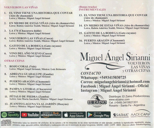 Imagen 4 de 4 de Volvieron Las Viñas Y Otras Cepas - Miguel Angel Sirianni Cd