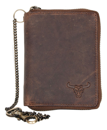Cartera Grande De Cuero Genuino Con Cremallera Y Cadena Beig