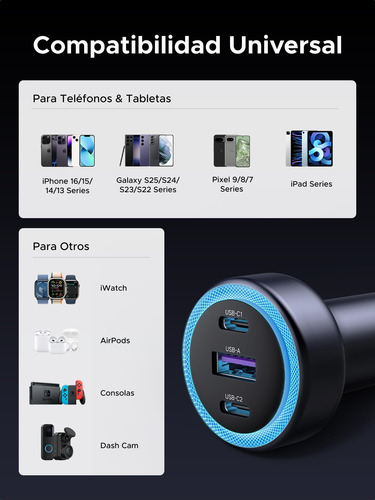 Cargador Auto Carga Rápida 3 Puertos Usb C Y Usb A
