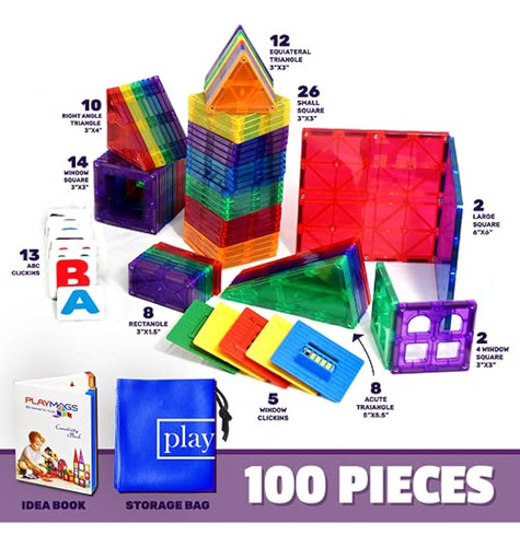 Playmags Original Colorful Magnetic 100 Pc Tile Set, Bloques