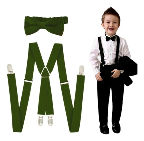 Paquete Especial 17 Tirantes Con Moño Ajustables Para Niño Verde Militar Liso