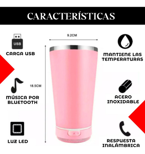 Vaso Térmico 473ml Con Parlante Destapador Luces Bluetooth Rosa Lisa