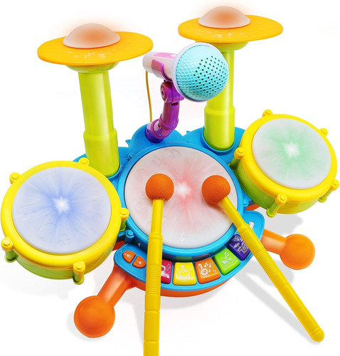 Bateria Para Bebes Con Baquetas Microfono Luces Y Sonido