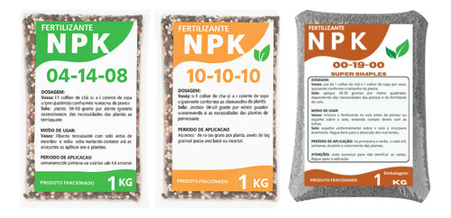 Kit Fertilizante Npk 10-10-10 + 04-14-08 + 00-19-00 (super Simples) 1kg Cada - Total 3kg Concentrada Fósforo E Enxofre Ecogarden Jardinagem