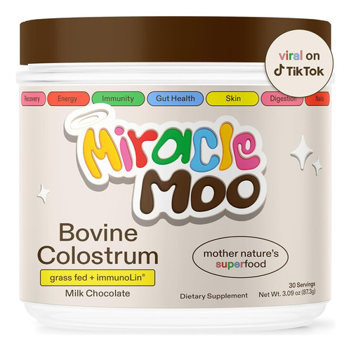Leche de fórmula en polvo sin TACC Miracle Moo Colostrum sabor chocolate en lata de 1 de 87.3g - 1 meses a 99 años