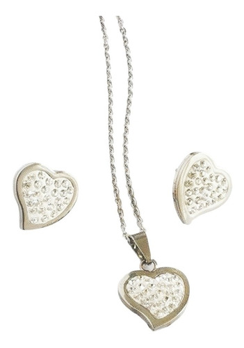 Set Corazones Acero Inoxidable Collar Y Aretes 