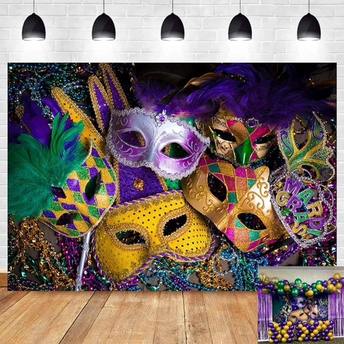 Masquerade Backdrops Purple Gold Glitter Beads Mask Carnival