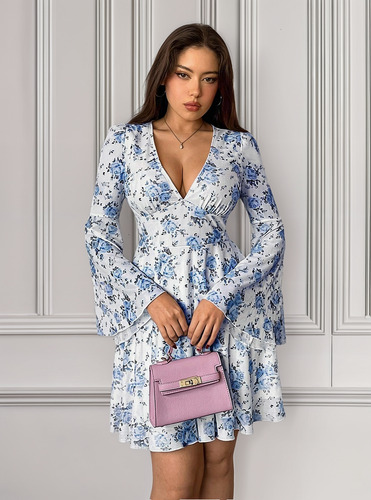 Shein Vestido Floral En V Mujer Importado Elegante Invierno