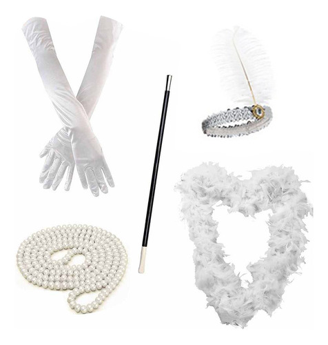 Kit De Guantes Y Diadema De Plumas, Collar Y Perlas