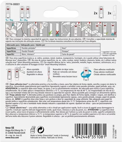 Tesa TapeColgar Sin Clavos. Adhesivo Ajustable 1kg para Papel y Yeso