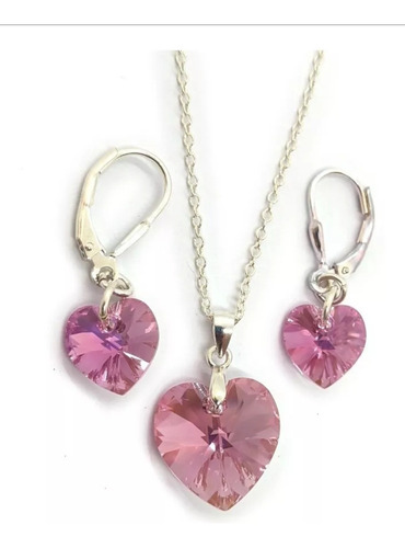 Conjunto Collar Corazon Cristal Sw 14mm Aros Brizura 10mm Rosa