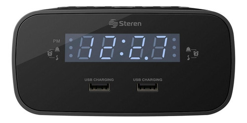 Radio Reloj Despertador Digital Fm Doble Cargador Usb Steren Color Negro