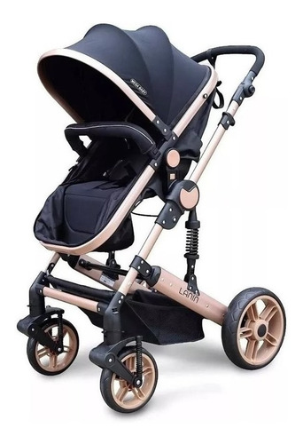 Imagen 2 de 10 de Cochecito de paseo Mega Baby Lanin travel system negro con chasis color dorado