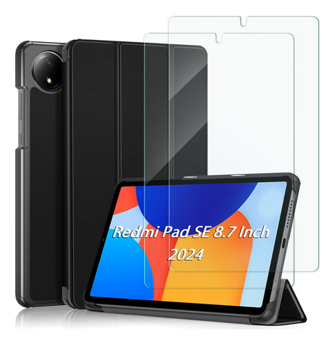 USTIYA 2x Mica Funda para Xiaomi Redmi Pad Se 8.7" Pulgadas Case Cristal Templado Protector Pantalla PC+PU Carcasa Color Negro Cover