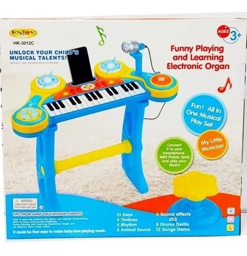 Organeta Piano Teclado Mp3 Con Sillita, Base Para Niño