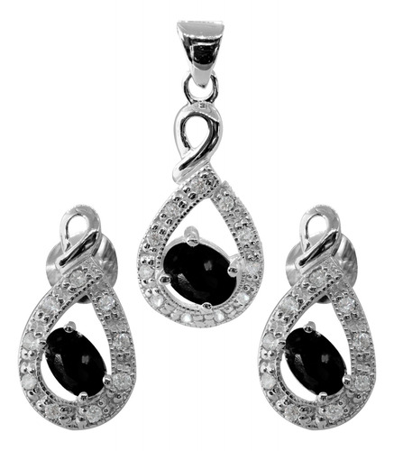 Conjunto De Plata 925 Gota Con Circón Negro