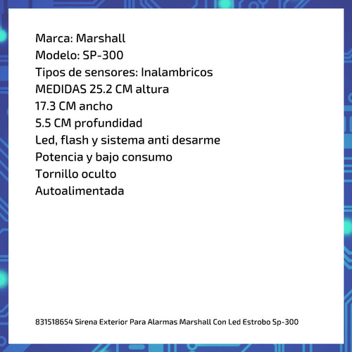 Imagen 3 de 7 de Sirena Exterior Para Alarmas Marshall Con Led Estrobo Sp-300