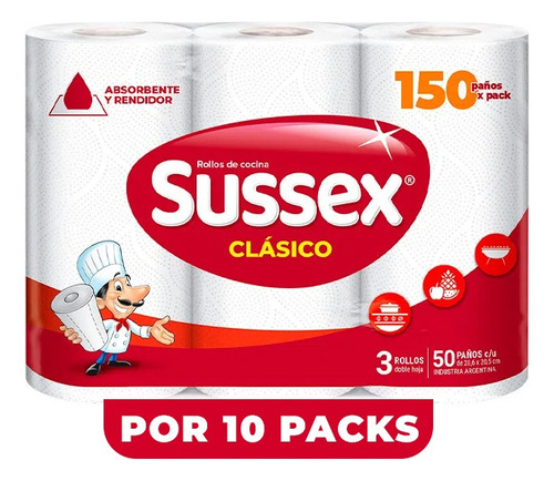 Rollo De Cocina Sussex 50 Paños 10 Packs X3 5677 Elite