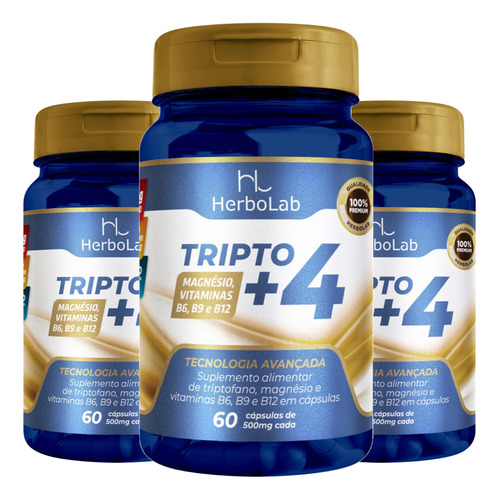 3 Tripto+ 4 Magnésio + B6 B9 B12 - 500mg - 60 Cápsulas Cada Sabor Sem Sabor