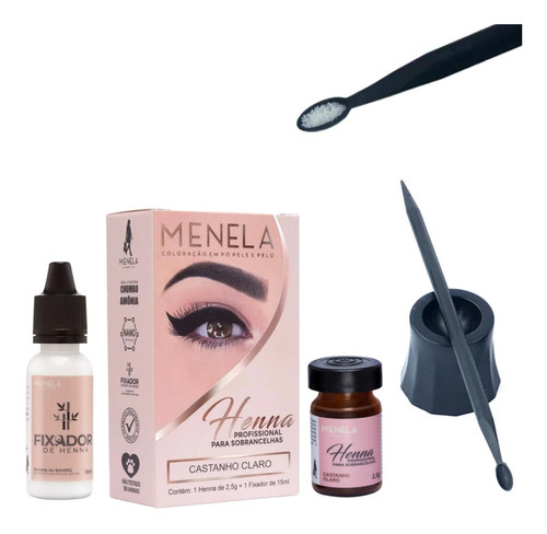 Kit Henna Menela Sobrancelha Profissional Com Palito Dappen Cor Castanho Claro