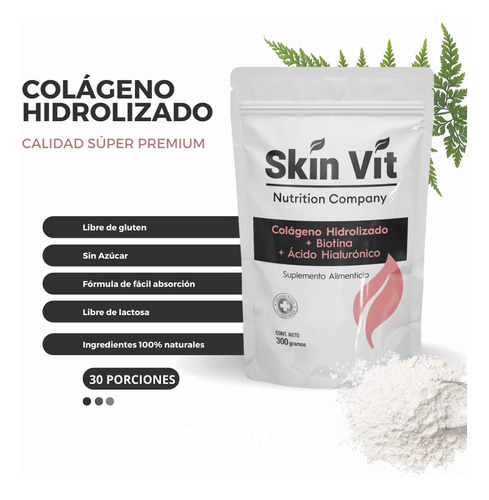 Colageno Hidrolizado Biotina Ácido Hialurónico 300g Skin Vit Súper Premium Sin Sabor