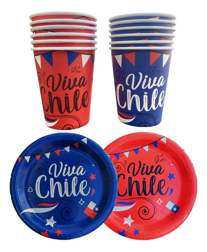 Platos Y Vasos Chile Fiestas Patrias X 12 Cotillón Activarte