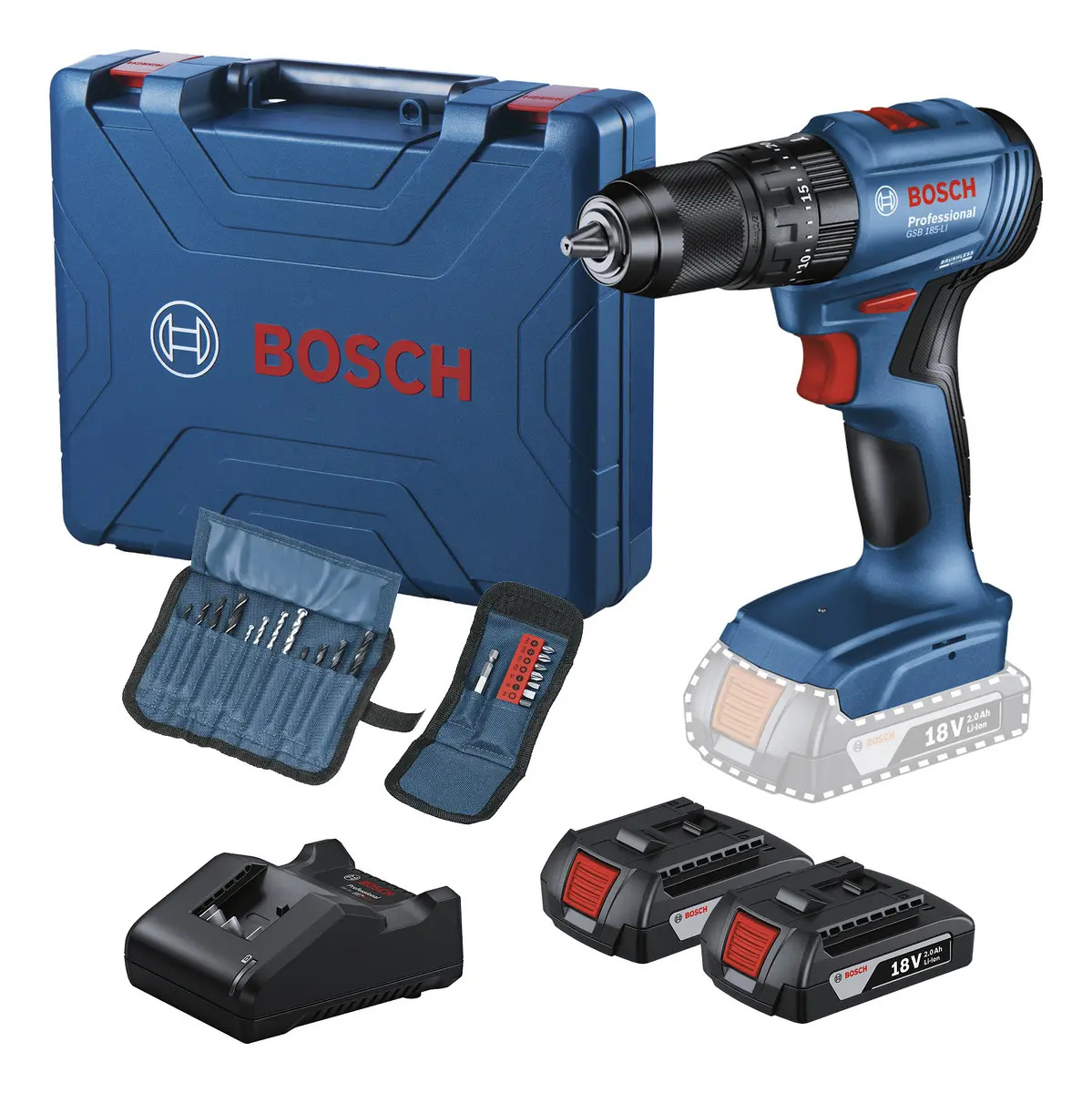Parafusadeira Furadeira Bosch Impacto 18V GSB 185-LI + Acessórios + Maleta 06019K31E7