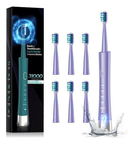 Cepillo de dientes eléctrico recargable,Cepillo de dientes eléctrico de limpieza y blanqueamiento inteligente, Cepillo de dientes eléctrico con diseño intergrado cable de USB, con 6cabezales de repues