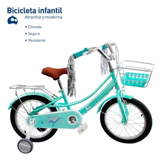 Bicicleta Infantil Para Niña Rodada 16 Con Ruedas Auxiliares Color Azul Menta