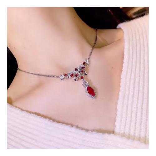 T Collar Zirconias Y Piedras Color Rubí Flor Calidad