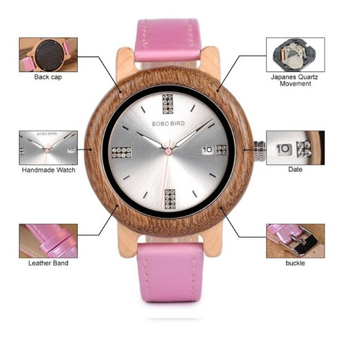 Relógio Feminino Bambu Madeira P29a Pink Analógico Bobo Bird