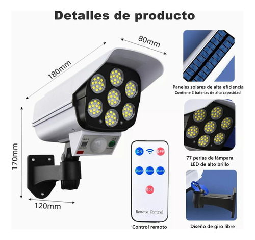 Luz Solar Control Remoto 77led 3 Modos De Falsa Cámara