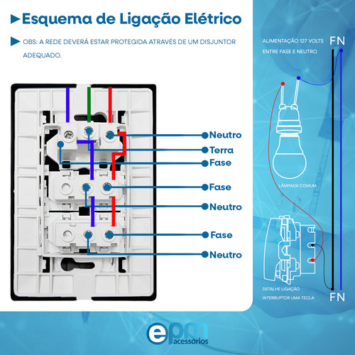 10 Interruptor 2 Teclas Simples + Tomada 10a 2p+t Espelho