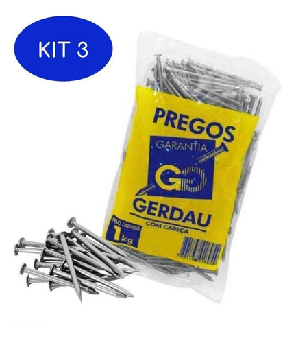 Kit 3 Prego Polido 25x72 Com Cabeça Gerdau 1 Kg